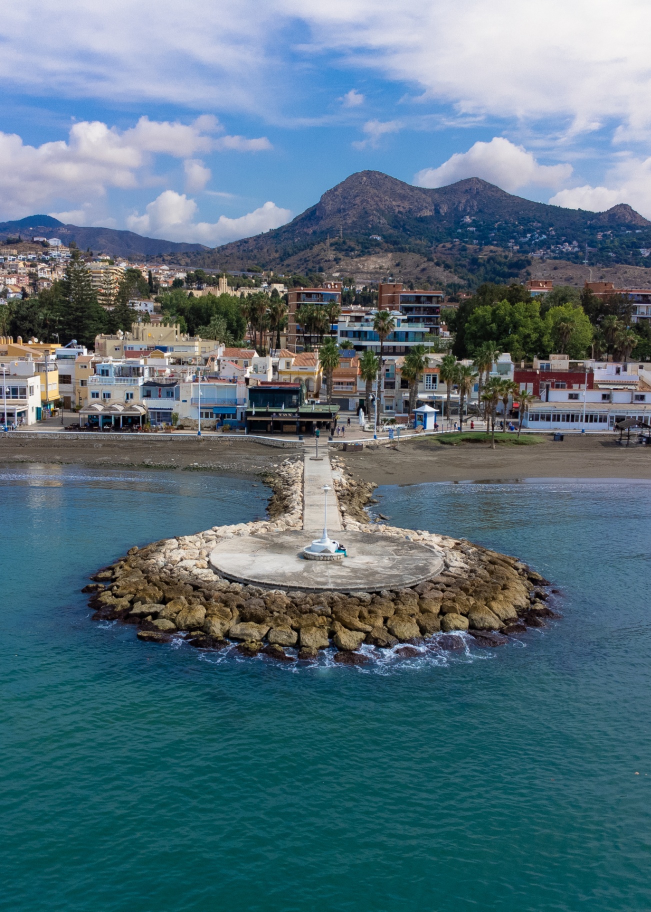 Aerial view of Pedregalejo pier and Málaga coastline