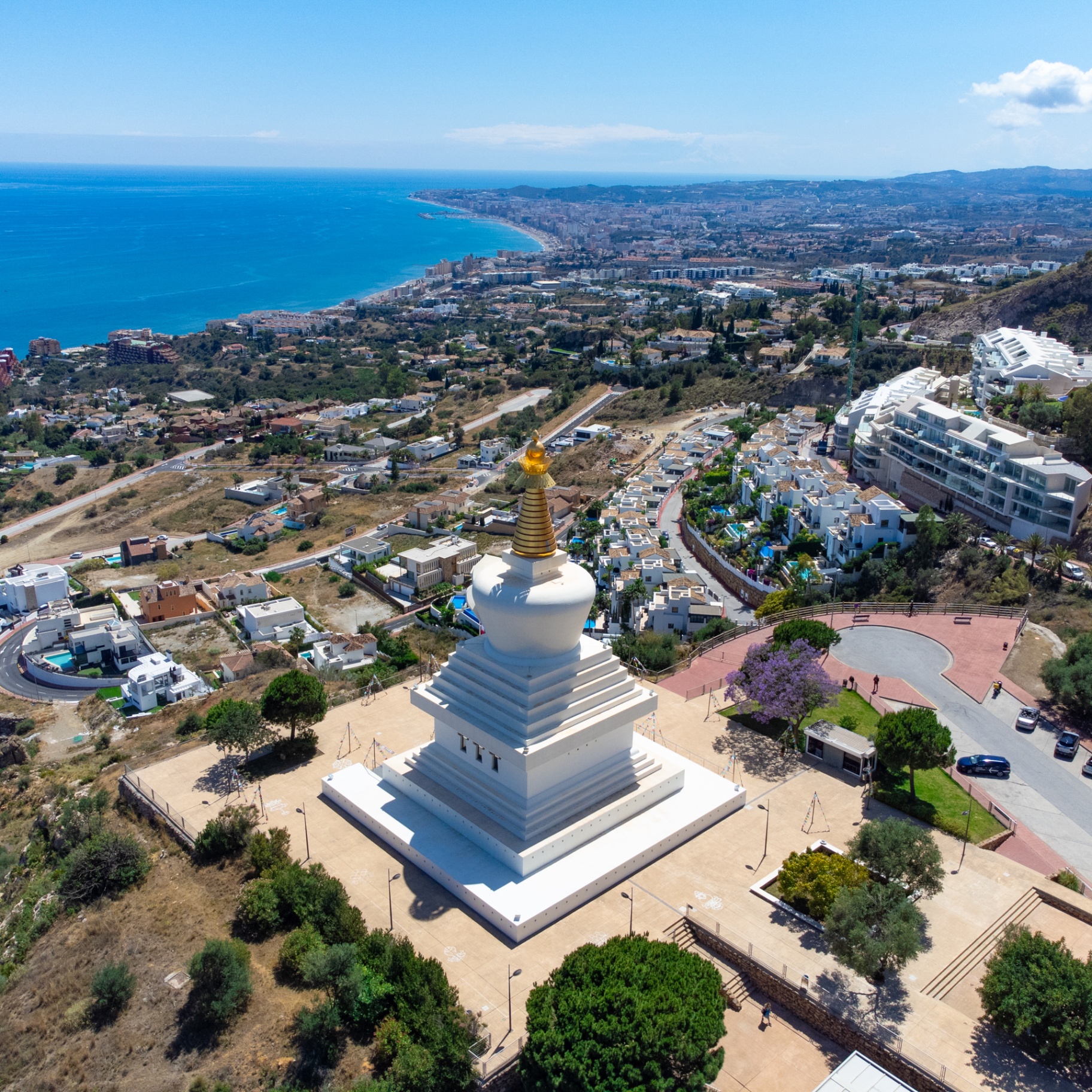 Aerial cinematography of the Enlightenment Stupa in Benalmádena