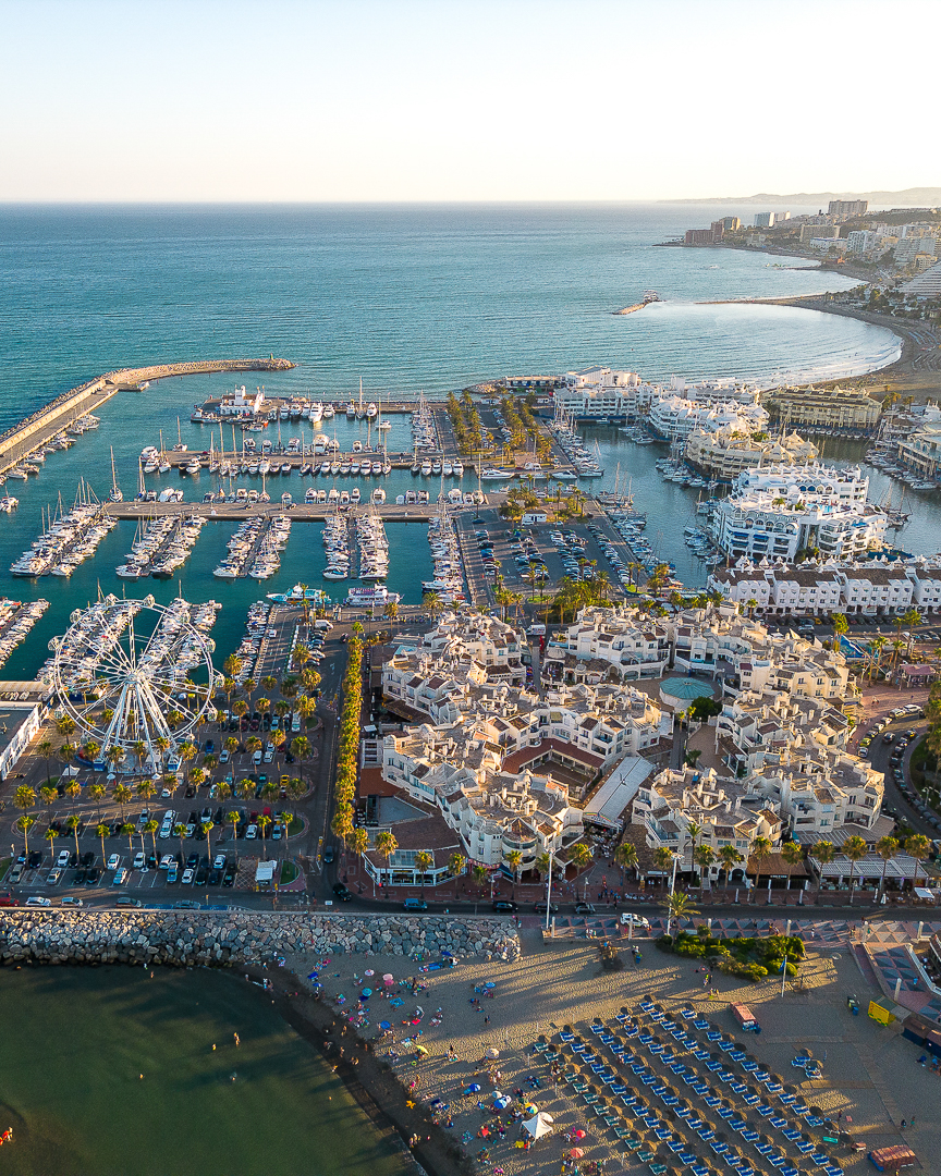 Aerial view of Benalmádena marina at golden hour